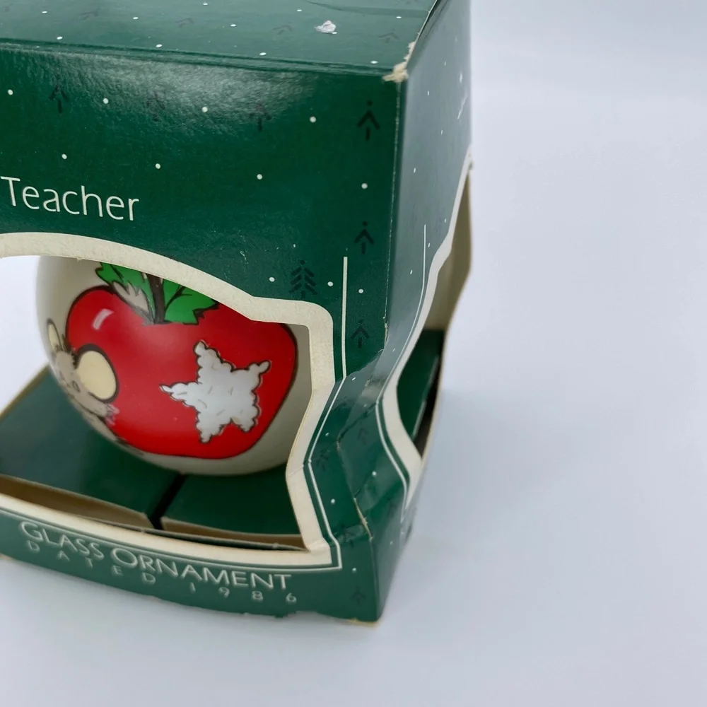 Vintage Hallmark Ornament for Teacher White Glass Ball with Apple Print 1986 NEW